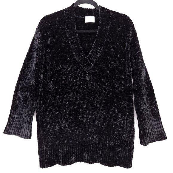 Aritzia Wilfred Chenille Sweater XS Black Chunky Oversized Tunic Pullover V-Neck - Picture 1 of 9